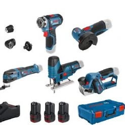 Bosch Bleu Set 0615A0017D 5 Toolkit 12V - Perceuse Sans-fil + Meuleuse D'angle + Scie Sauteuse + Raboteuse + Multitool 12V 2 X 2.0Ah/1 X 3.0Ah In XL-Boxx